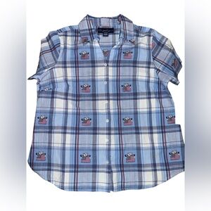 Angelique Shirt American Flag Bear July 4th Button Up Women’s Size 1X Blue nwt